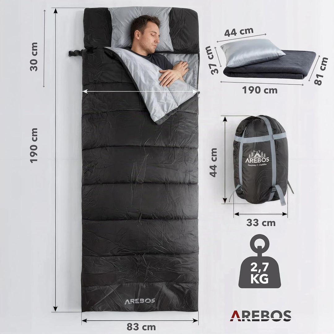 Arebos Camping Schlafsack Erwachsene 220 × 83 cm | Deckenschlafsack | wasserabweisend | inkl. Kompre