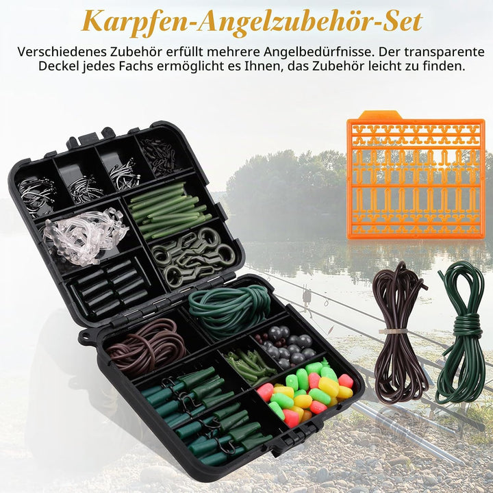 Karpfen Angelzubehör Set, 225stk Karpfen Tackle Kit inkl. Karpfenhaken, Anti-Verhedderungshülsen, An