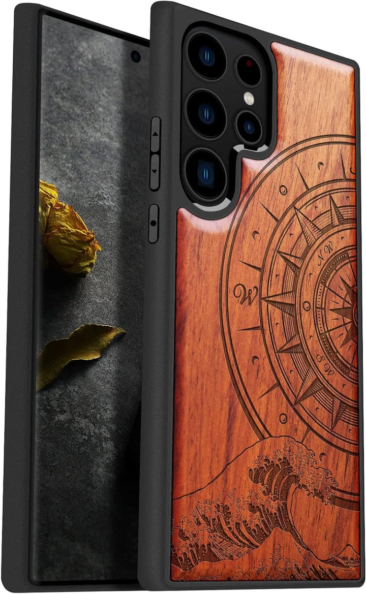 Carveit Holz Handyhülle für Galaxy S23 Ultra Cover [Einzigartiges Design Case] Stossstange hülle Kom