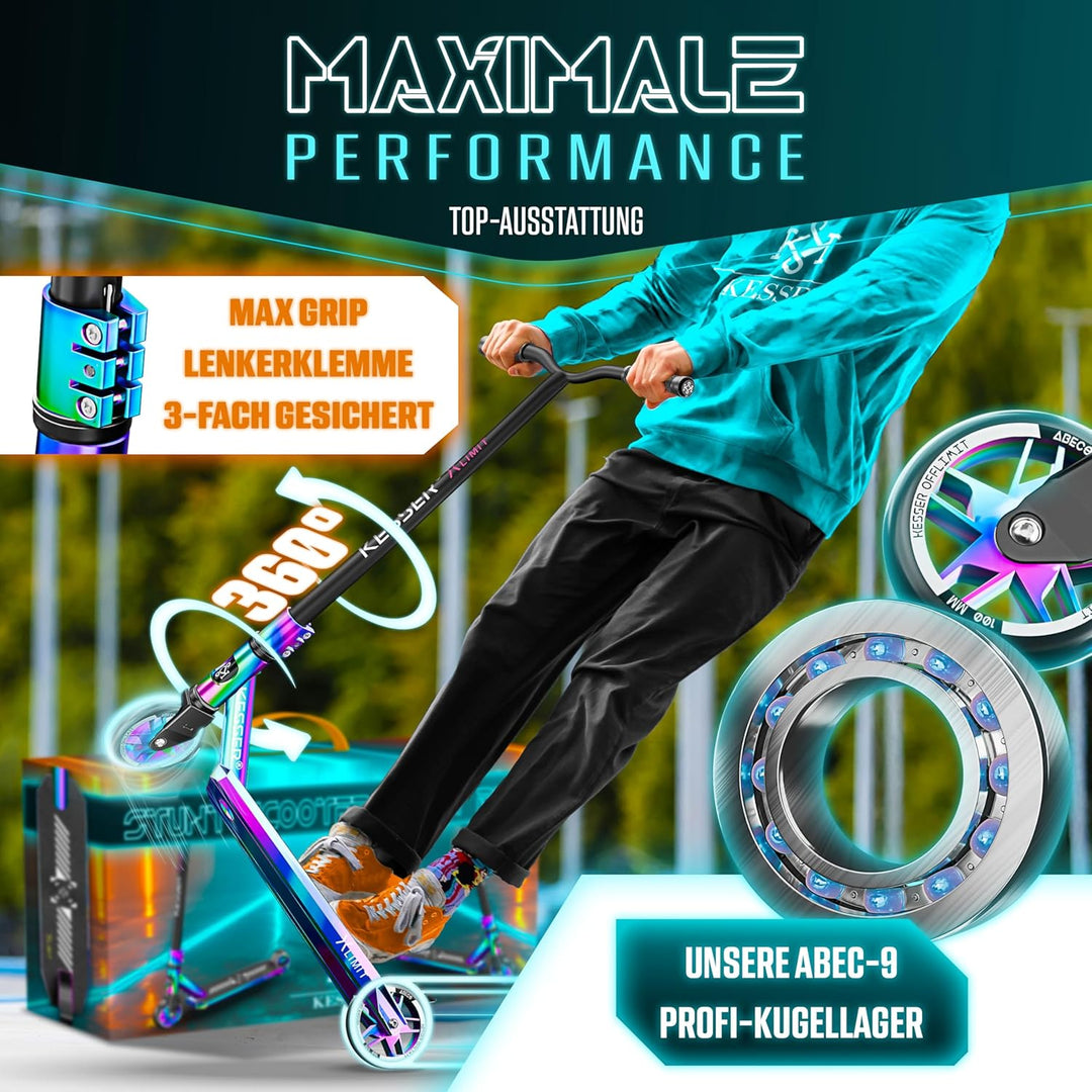 KESSER® Stunt Scooter X-Limit-Pro 360° Lenkung Funscooter Stuntscooter mit Ständer ABEC 9 Kugellager
