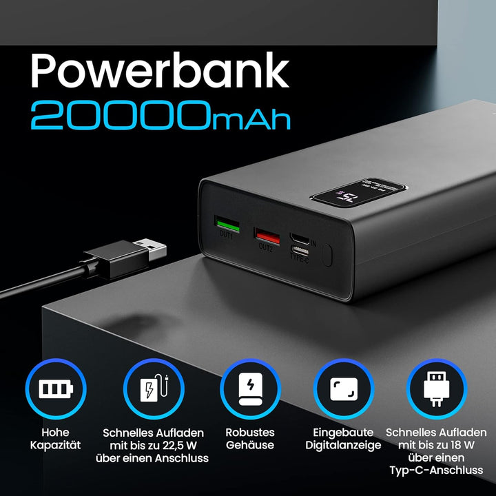 Powerbank 20000mAh Powerbank Schnellladefunktion bis zu 22,5W Power Bank USB C Micro-USB Robustes Ge