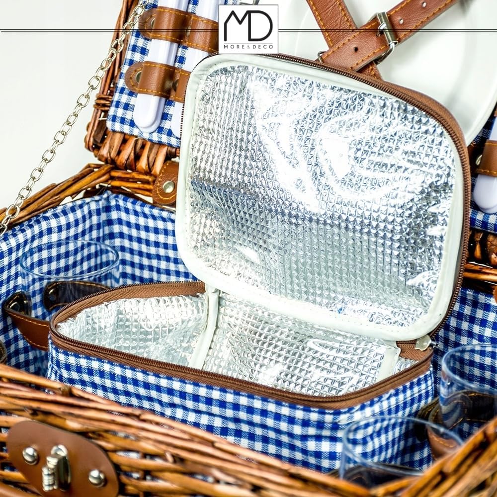 Zolta Picknickkorb 4 Personen - Korb mit Deckel - Weidenkorb mit Picknick Geschirr und Thermotasche