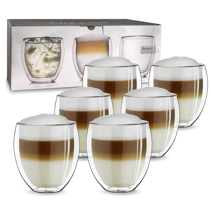 Creano doppelwandige Gläser 250ml „DG-Bauchig“, 6er Set, grosses Thermoglas doppelwandig aus Borosil