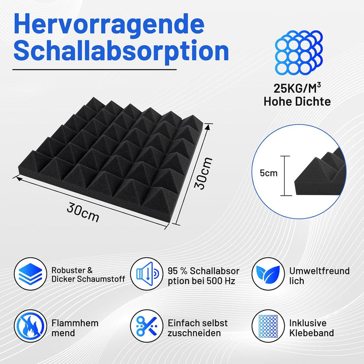 24 Stück Akustikschaumstoff Schallschutzplatten, 5 X 30 X 30 CM Schalldämmung Akustikpaneele, Schall