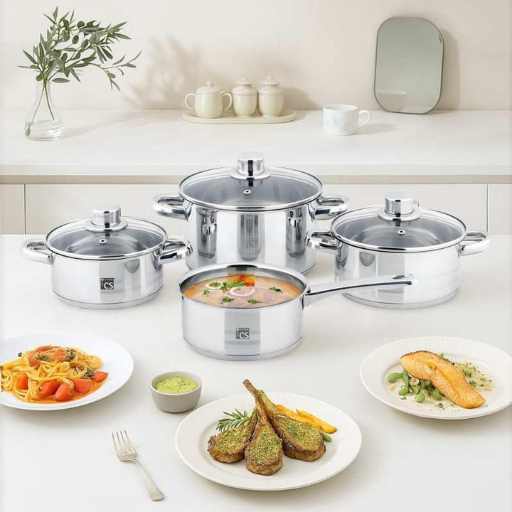 KOCHTOPF-SET mit Glasdeckel 7-teilig Edelstahl rostfrei, hochglänzend mit satinierten Streifen und K