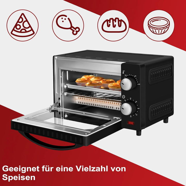 WANNYTON Minibackofen, Backofen 10 L, 650 Watt, 100-230 °C Timer 0-60 Min. inkl. Backblech Grillrost