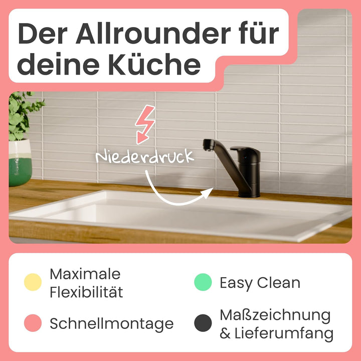instmaier K1 Küchenaramtur Niederdruck | Schwarz matt | Wasserhahn Küche | Niederdruck Spültischarma