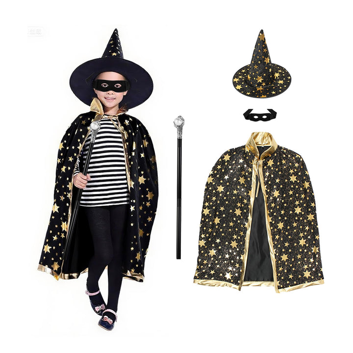 Zauberer Kostüm Kinder,4 Stück Zauberumhang Hexenhut Zauberstab Maske,Halloween FaschingskostüMe für