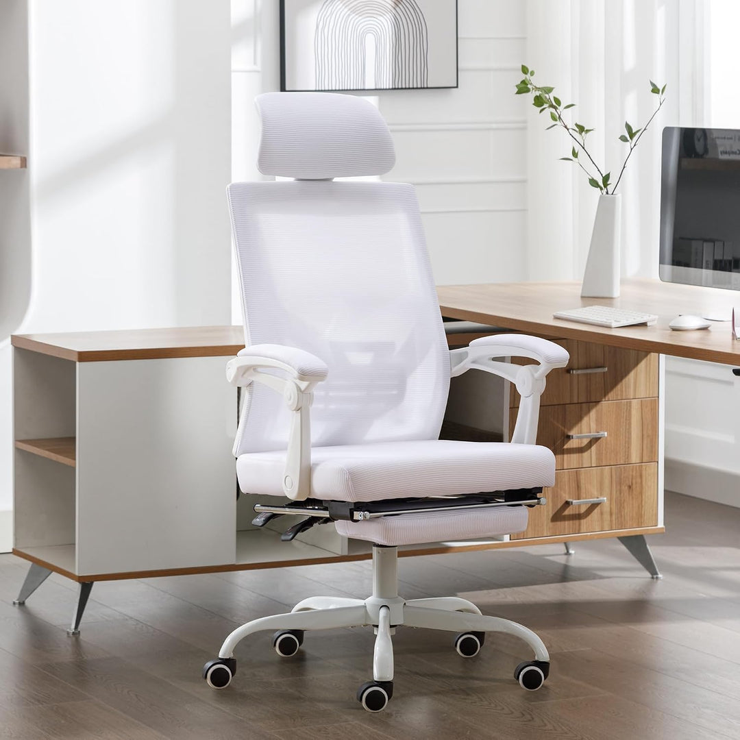 UEV Ergonomisch Bürostuhl aus Mesh, Schreibtischstuhl mit Fussstütze, Weiss | Drehstuhl mit verstell