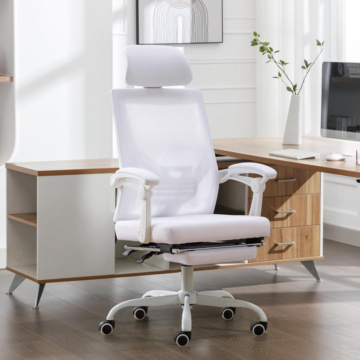 UEV Ergonomisch Bürostuhl aus Mesh, Schreibtischstuhl mit Fussstütze, Weiss | Drehstuhl mit verstell