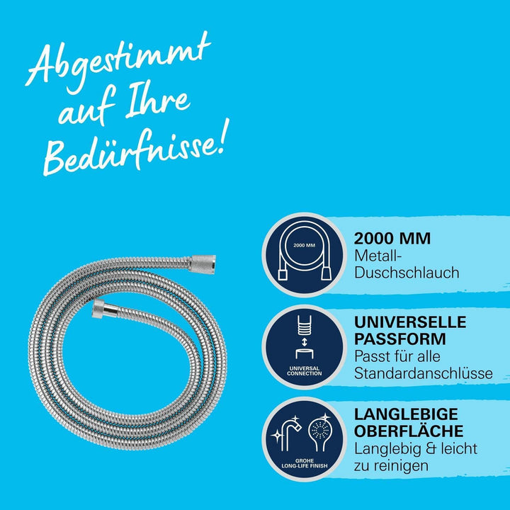 GROHE Vitalioflex - Metallbrauseschlauch (2000 mm, verstärkte Ausführung, knickfest, hitzebeständig)