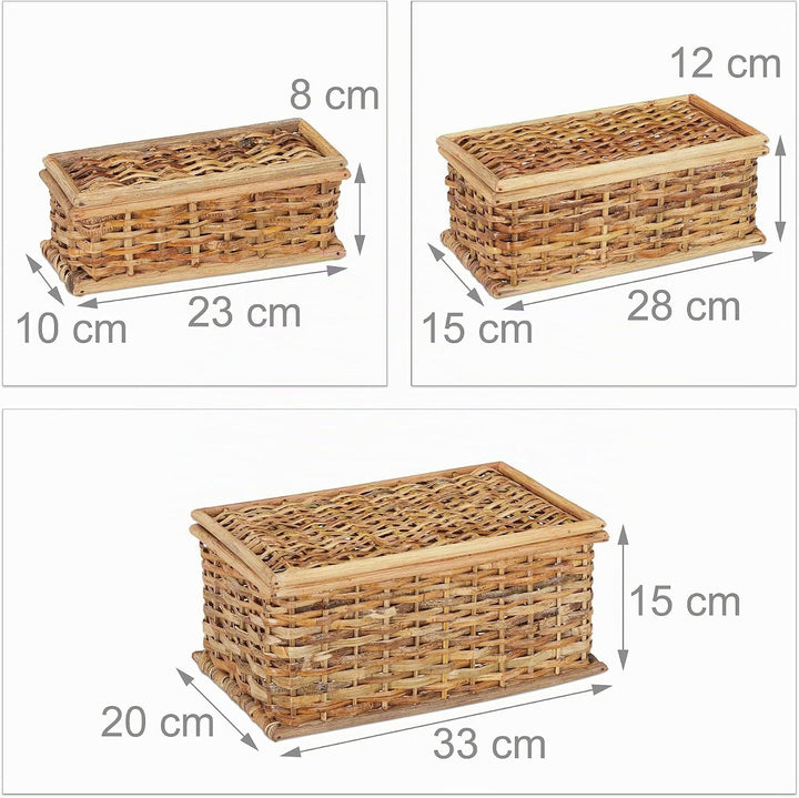 Relaxdays, natürlich Körbchen 3er-Set Rattan, Deckel, geflochten, Wohnzimmer, Korbset, Dekokiste, 10
