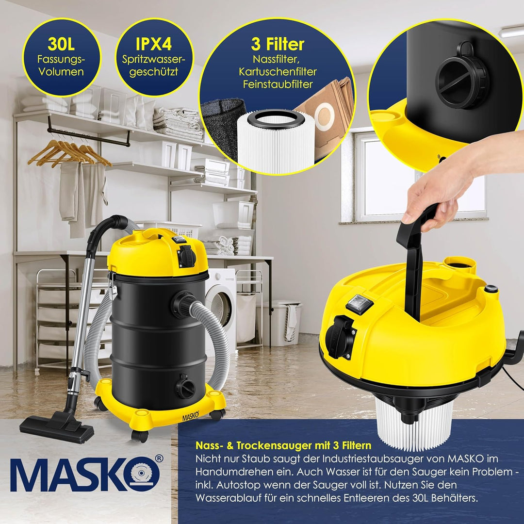 Masko® 6IN1 Industriestaubsauger Staubsauger Nass Trocken Sauger Aschesauger 2300W + Steckdose✓ Blas
