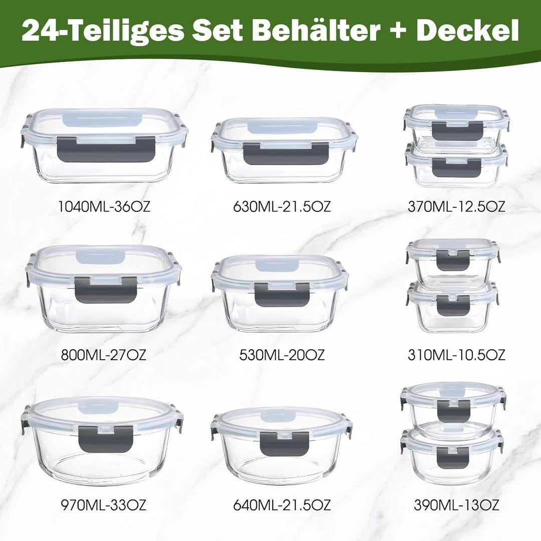 YASHE Glasbehälter mit Deckel, 12 Teile Stapelbar & Luftdicht Meal Prep Boxen Glas für Spülmaschinen