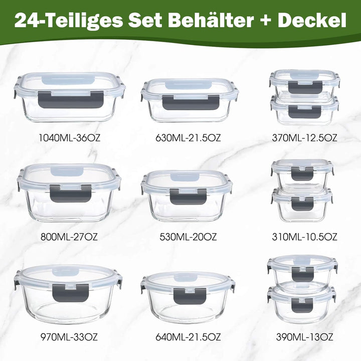 YASHE Glasbehälter mit Deckel, 12 Teile Stapelbar & Luftdicht Meal Prep Boxen Glas für Spülmaschinen
