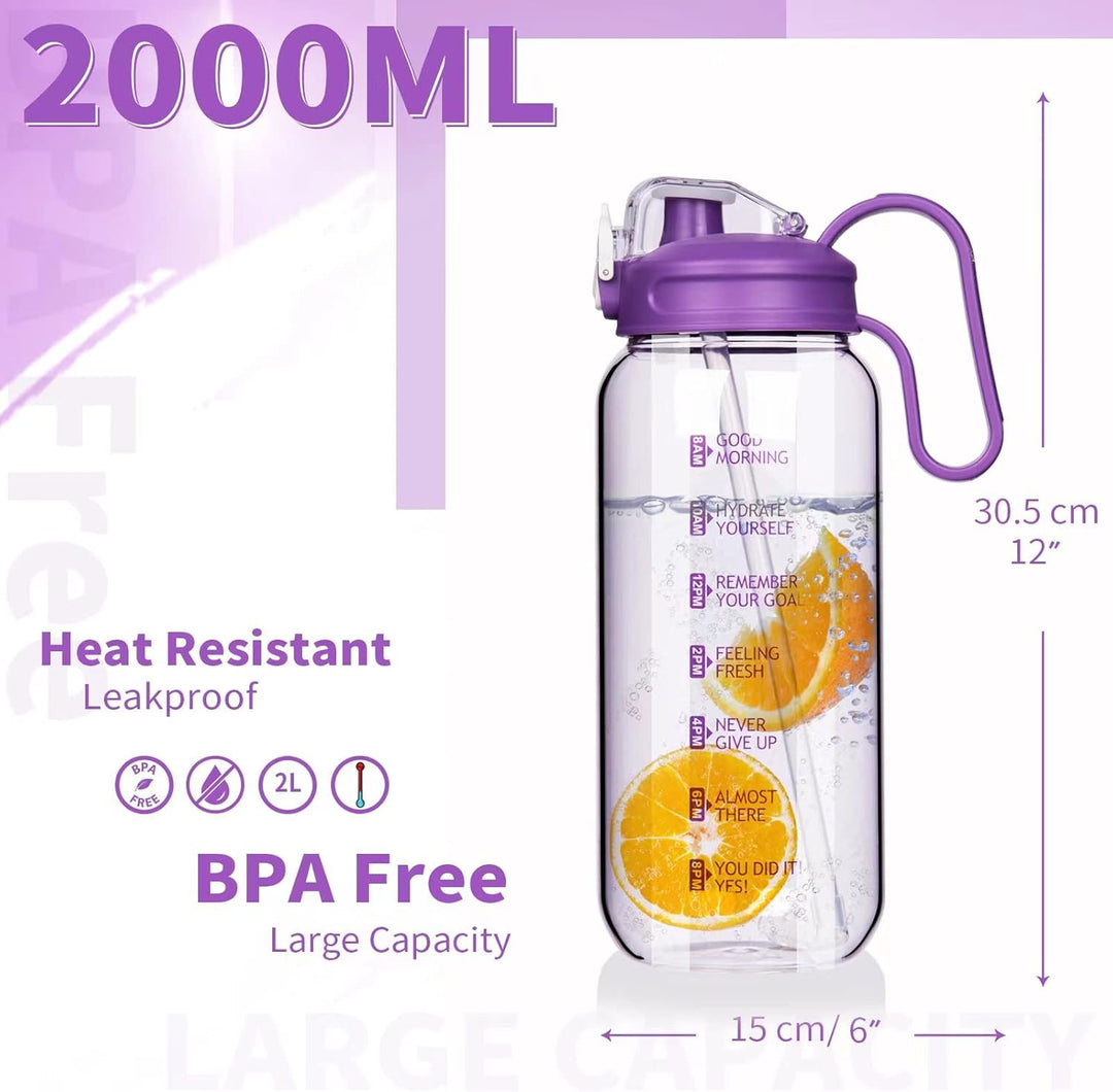 2l Trinkflasche Glas mit Strohhalm & Zeitmarkierung 2 liter Grosse Motivation Glasflasche mit Uhrzei