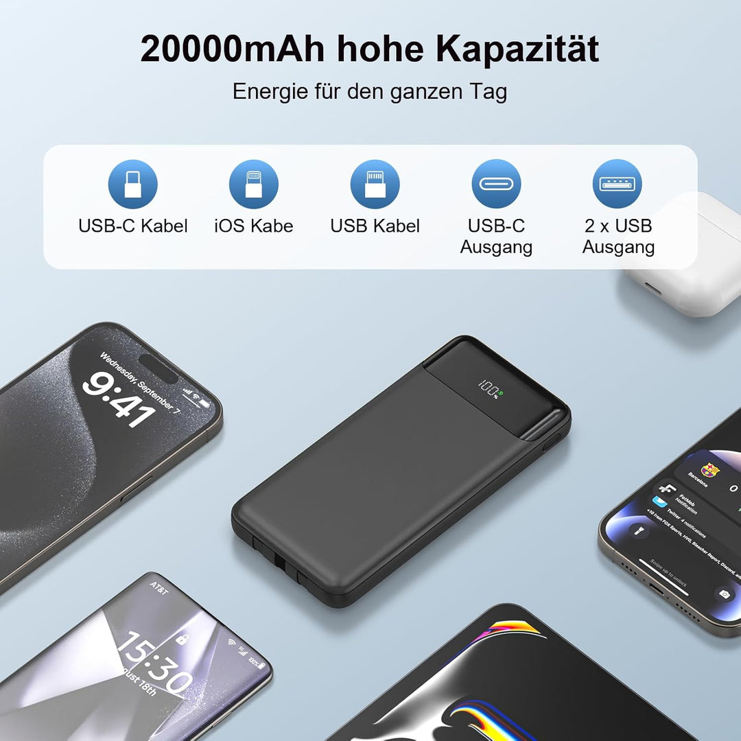 Powerbank 20000 mAh mit Integrierten 3 Kabeln, 22,5 W Schnellladung Power Bank Tragbares Ladegerät P