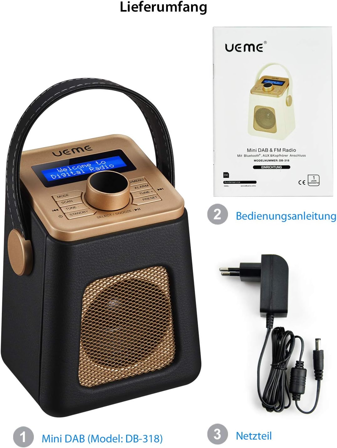 UEME Mini DAB+ DAB Digitalradio und UKW Radio mit Bluetooth Lautsprecher, Radiowecker, und Leder Ver