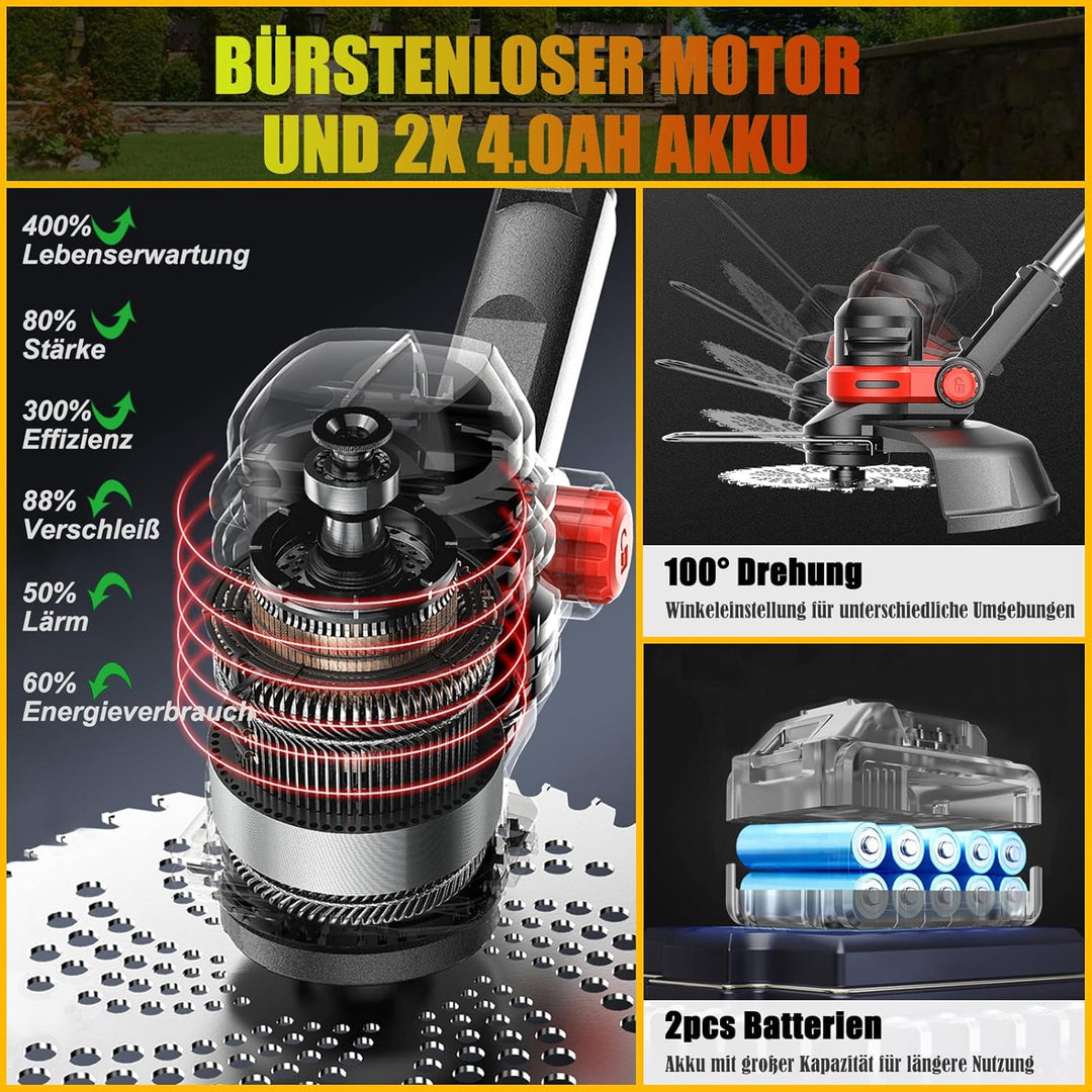 Rasentrimmer mit Akku Freischneider mit Unkrautbürste, 4 in 1 Akku Rasentrimmer mit Unkrautbürste, M
