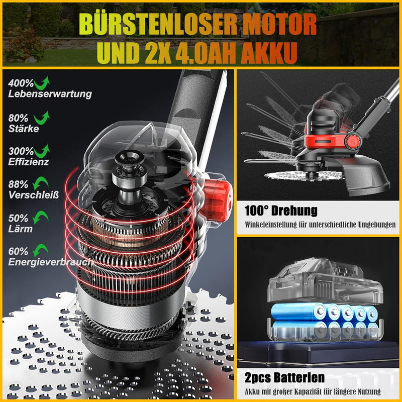 Rasentrimmer mit Akku Freischneider mit Unkrautbürste, 4 in 1 Akku Rasentrimmer mit Unkrautbürste, M