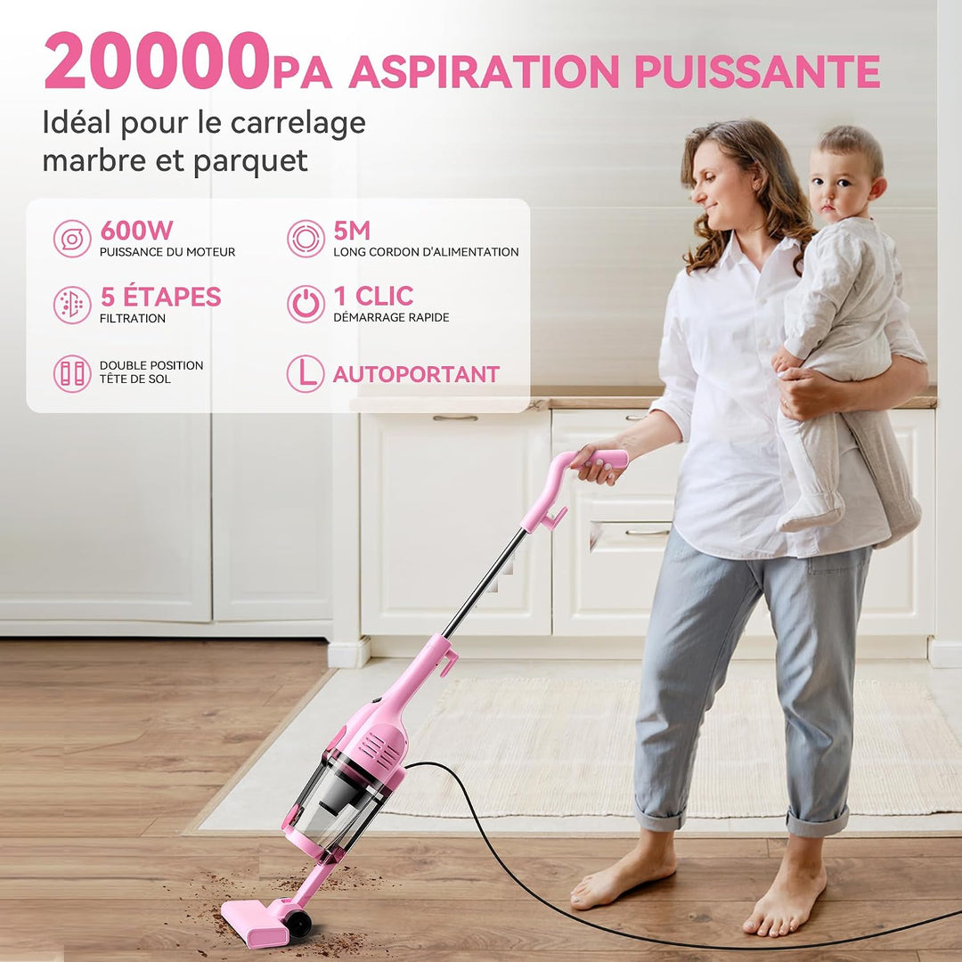 Staubsauger mit Kabel, Kabelgebundener Staubsauger ohne Beutel 20Kpa 600W Pink, Pink