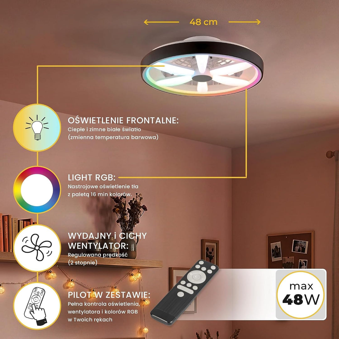 Deckenventilator mit Beleuchtung 48W - Ø 48cm, dimmbare LED Deckenleuchte mit Ventilator, RGB, warm-