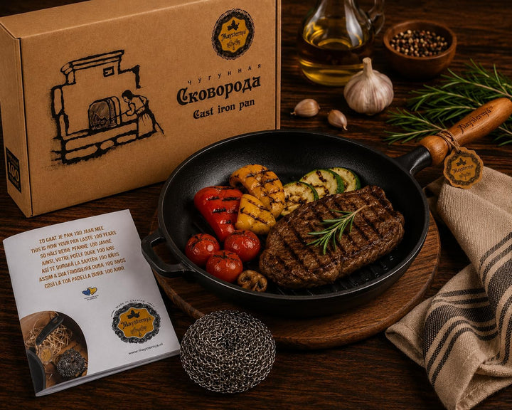 WDMT Maysternya™ Grillpfanne Gusseisen mit Holzgriff - ø 24 x 4 cm - Gusseisenpfanne für alle Herdar