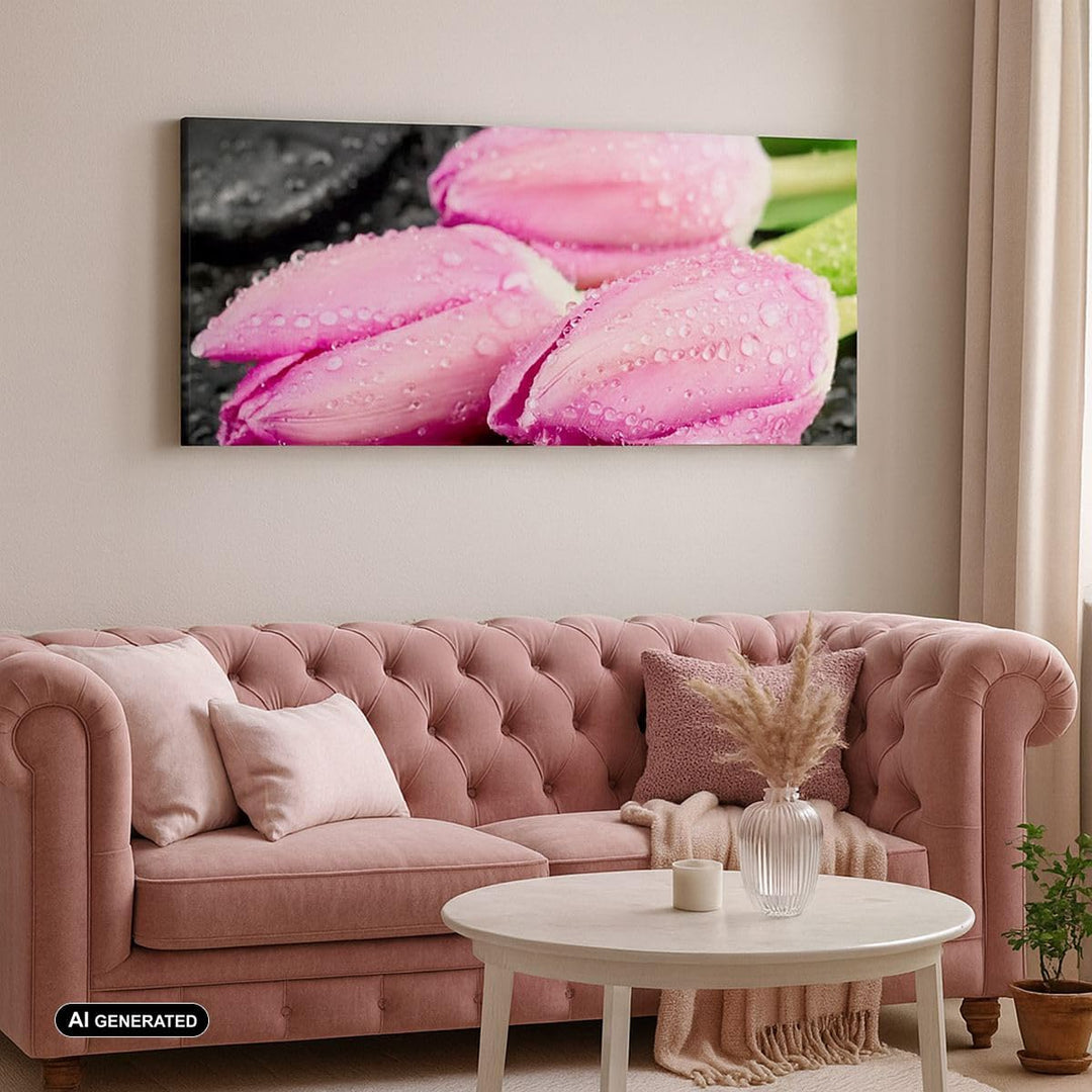 Wandbilder Dekoration Wohnzimmer Tulpen Tau Steine Pflanze Panorama Bilder auf Leinwand 120x50cm Lei