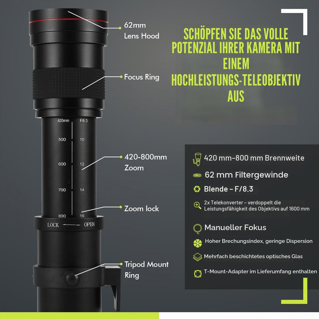 Leistungsstarkes 420-1600 mm f/8.3 HD manuelles Telezoomobjektiv für Sony Alpha A33, A35, A37, A55,