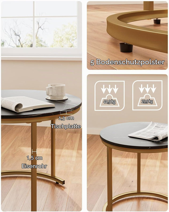 Couchtisch Rund 2er Set, Wohnzimmertisch, Beistelltische Gold Metall, Kaffeetisch für Sofatisch, Woh