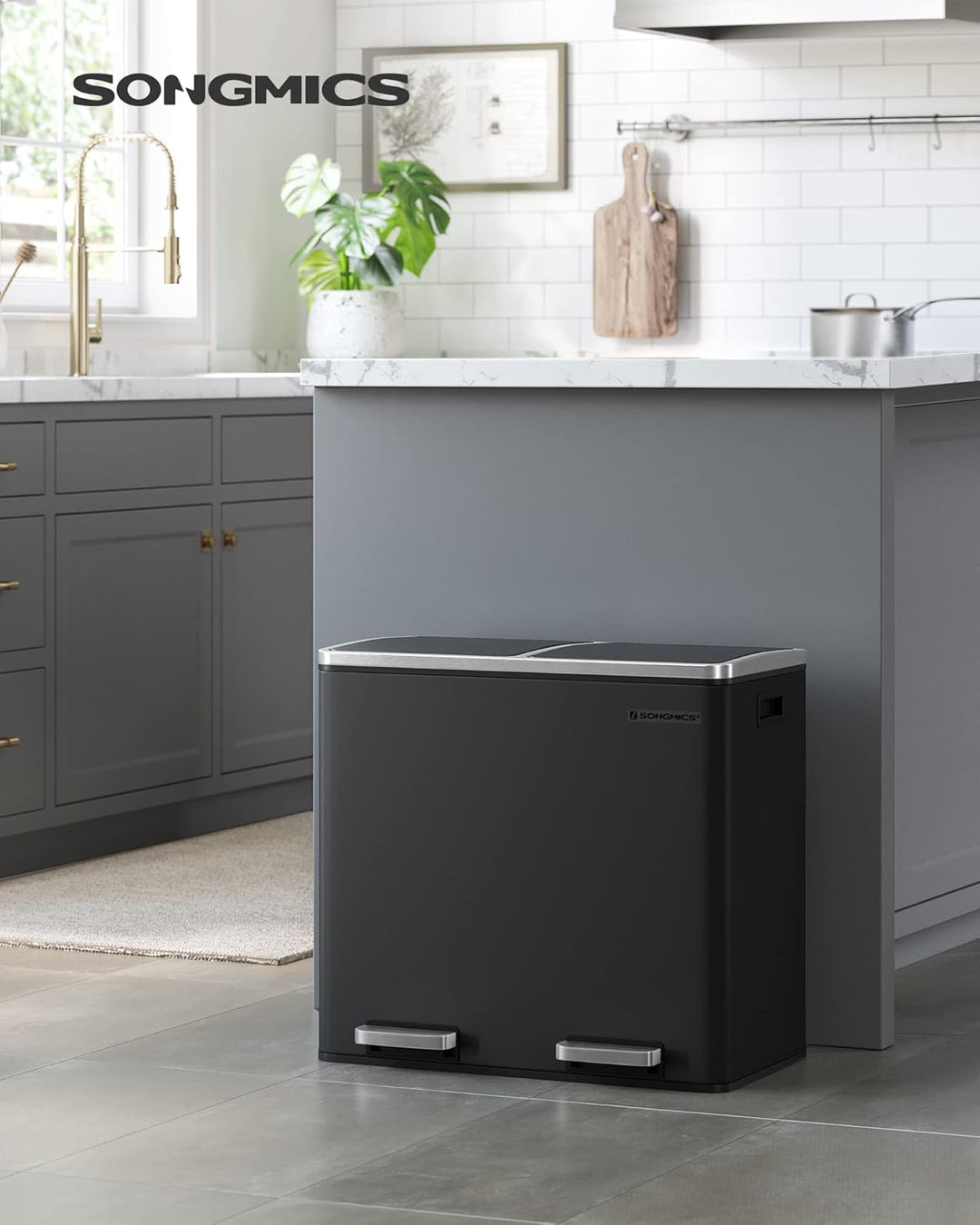 SONGMICS Mülleimer, Abfalleimer, Mülltrennsystem mit 2 Fächern, Treteimer für die Küche, 2 x 24 L, S