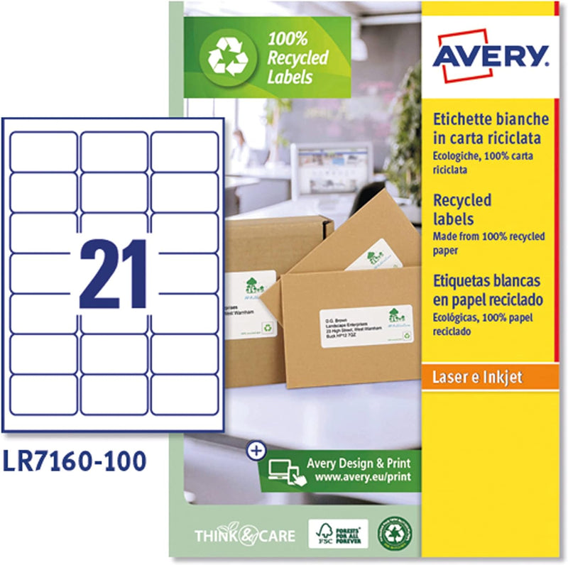 AVERY Zweckform LR7160-100 Adress-Etiketten (A4, 2.100 Stück, Recycling, 63,5 x 38,1 mm, 100 Blatt)