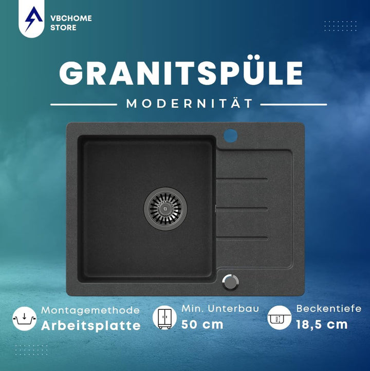 VBChome Spülbecken Schwarz mit Armatur 60 x 44 cm Granit Einzelbecken Einbauspüle gesprenkelt revers