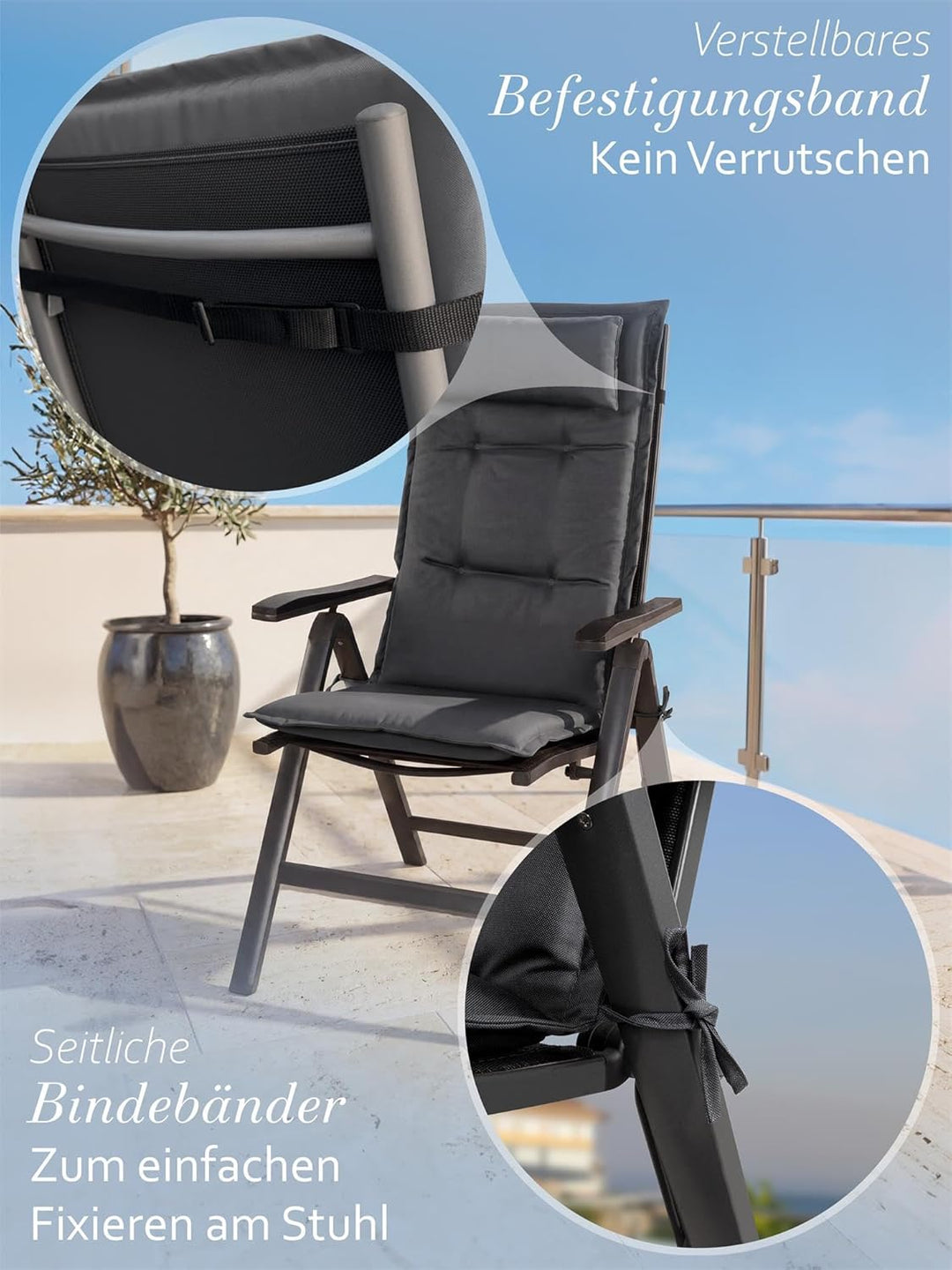 normani 6er-Set Stuhlauflagen Hochlehner mit Kissen 120x50 cm aus wasserdichtem und pflegeleichtem O