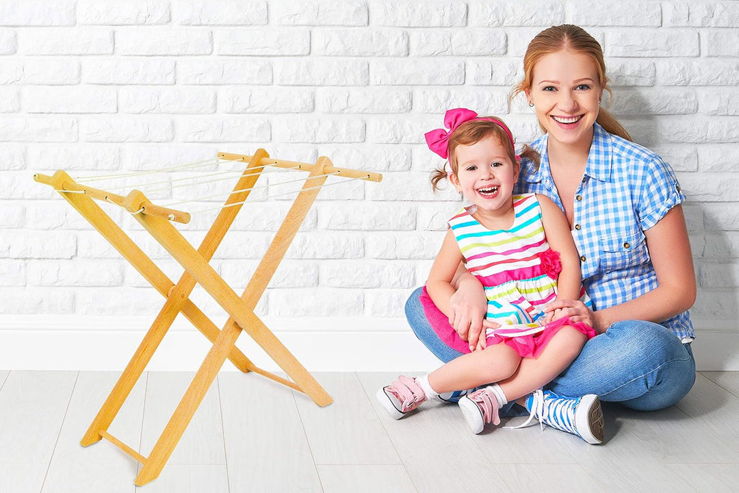 small foot 7252 Holzwäscheständer für Puppenkleider, mit sechs Wäscheleinen, zusammenklappbar, ab 3