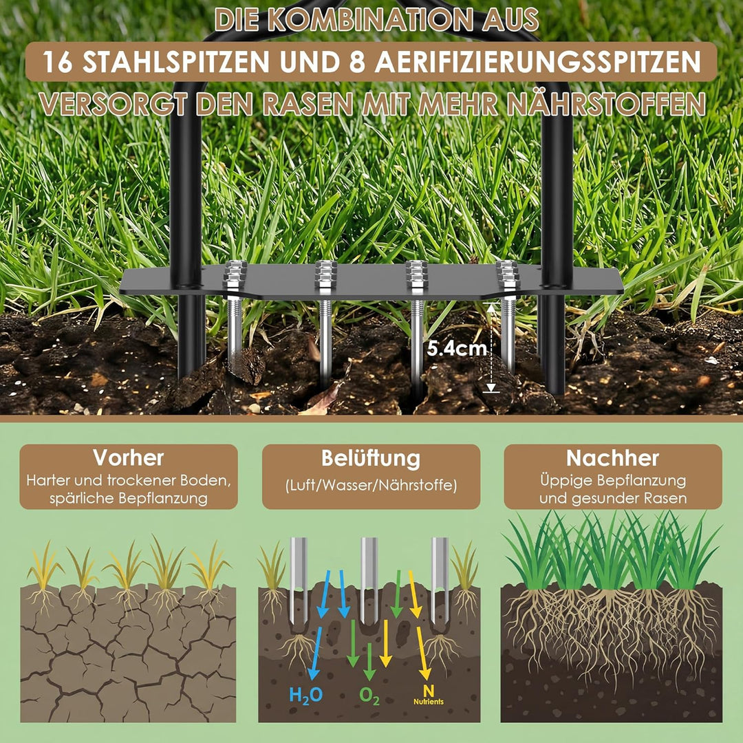 Rasenbelüfter, Aerifizierer für Rasen mit Massiven Stahlnadeln & Hohlnadeln, Rasenlüfter mit Breiter