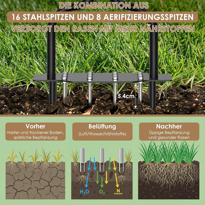 Rasenbelüfter, Aerifizierer für Rasen mit Massiven Stahlnadeln & Hohlnadeln, Rasenlüfter mit Breiter