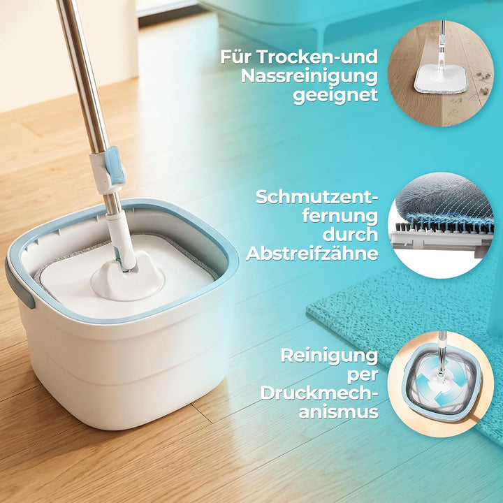 Wischmopp Set mit Eimer, Flachmopp mit Doppelkammer-System zur Trennung von Schmutz- und Frischwasse