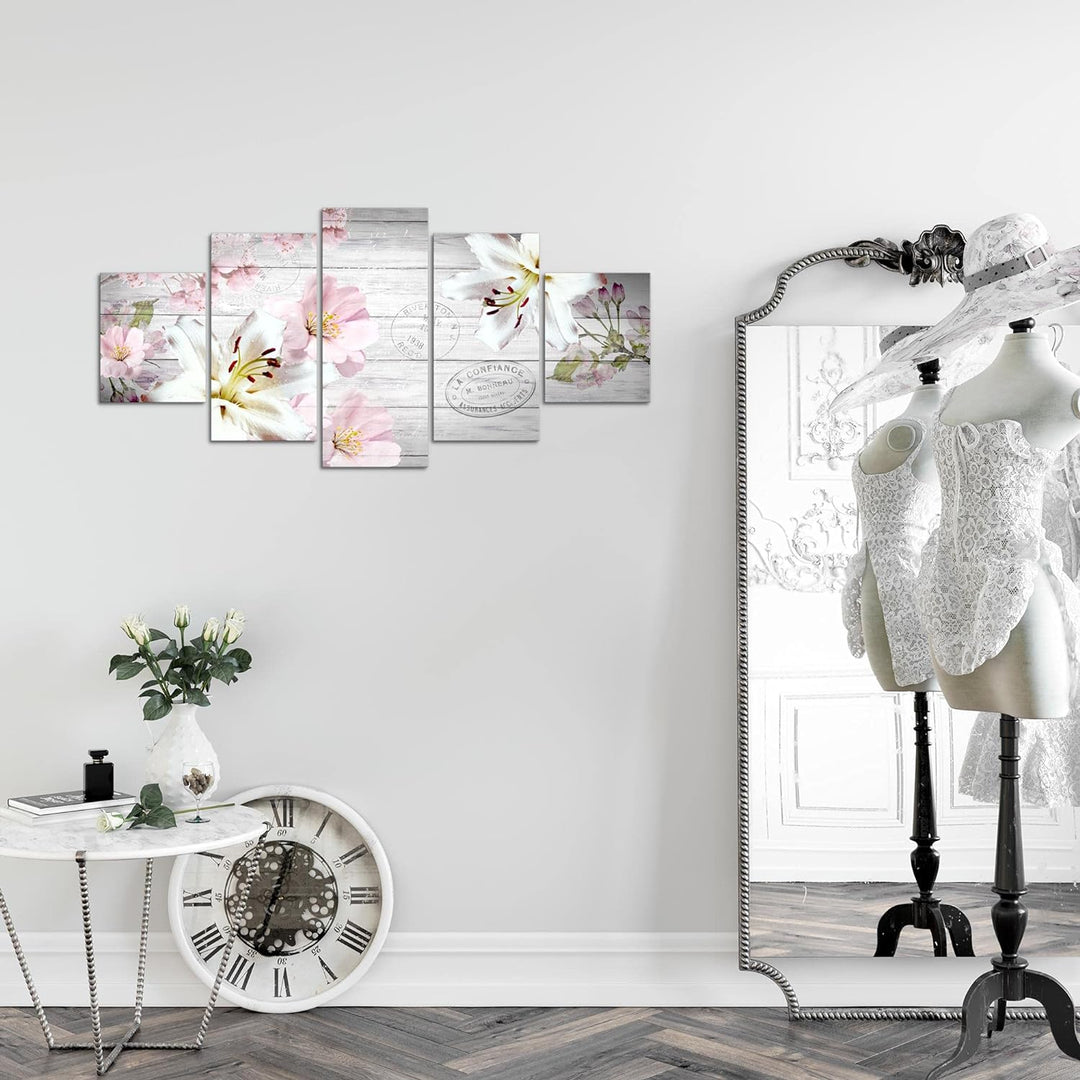 Runa Art Wandbilder Blumen Lilien 5 Teilig Bild auf Vlies Leinwand Deko Wohnzimmer Holz Vintage Grau