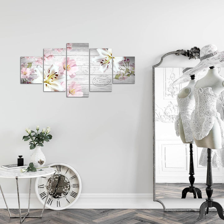 Runa Art Wandbilder Blumen Lilien 5 Teilig Bild auf Vlies Leinwand Deko Wohnzimmer Holz Vintage Grau