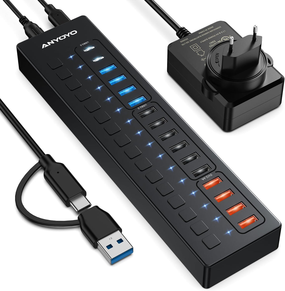 USB C Hub Aktiv, ANYOYO 16 In 1 USB 3.0 Hub mit Netzteil(60W) Powered USB Hub mit 4 Ladeanschluss，US
