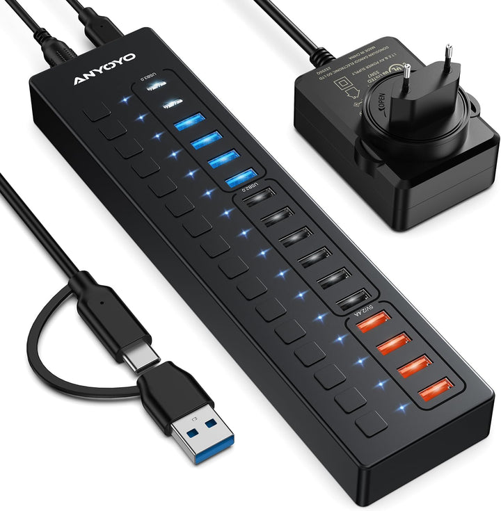 USB C Hub Aktiv, ANYOYO 16 In 1 USB 3.0 Hub mit Netzteil(60W) Powered USB Hub mit 4 Ladeanschluss，US