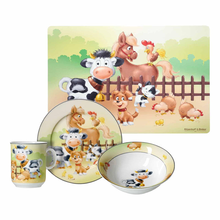 Ritzenhoff & Breker Kindergeschirr Set mit Platzset Hoftiere, 4-teilig, Bunt, Schale Becher Teller a