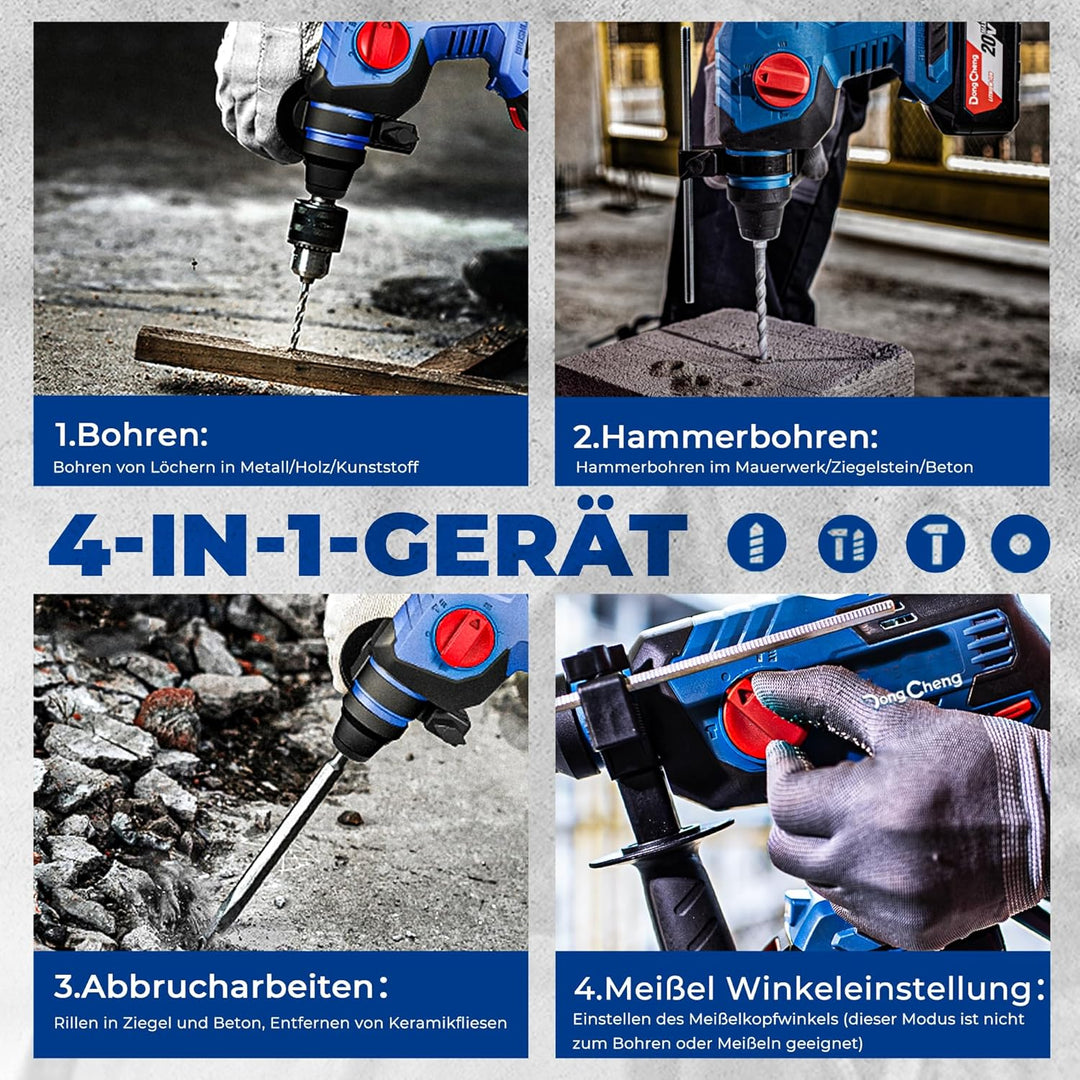 DongCheng Akku Bohrhammer 18V, Schlagenergie 2.1 J, mit 4 Stück SDS-plus, Bohren bis 28 mm, Bürstenl