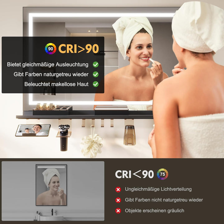 SONNI LED Badspiegel 120x60cm mit 120cm Ablage, Touch Spiegel 3 Lichtfarben, Anti-Beschlag, Ablage m