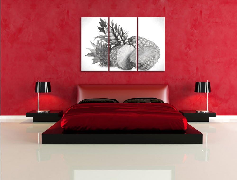 Pixxprint Frische Ananas Kohle Zeichnung Effekt 3-Teiler Leinwandbild 120x80 Bild auf Leinwand