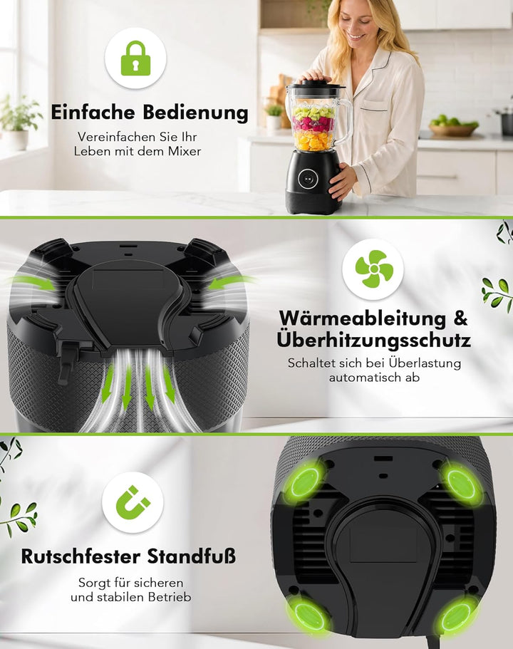 Mixer, Smoothie Maker, Standmixer, 1500 Watt Hochgeschwindigkeits Mixer Smoothie Maker mit 1,5L Glas