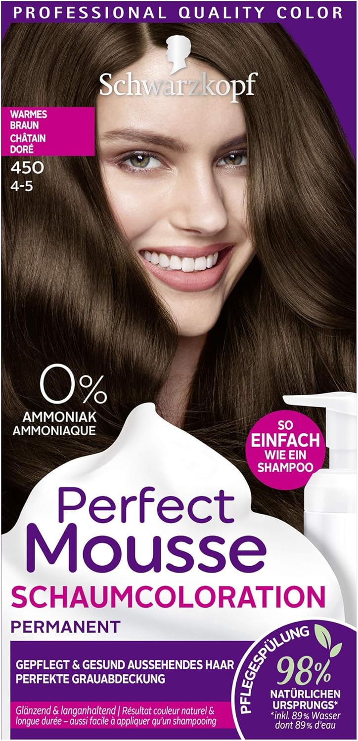 SCHWARZKOPF PERFECT MOUSSE Permanente Schaumcoloration 450 Warmes Braun Stufe 3, 3er Pack (3 x 92,5
