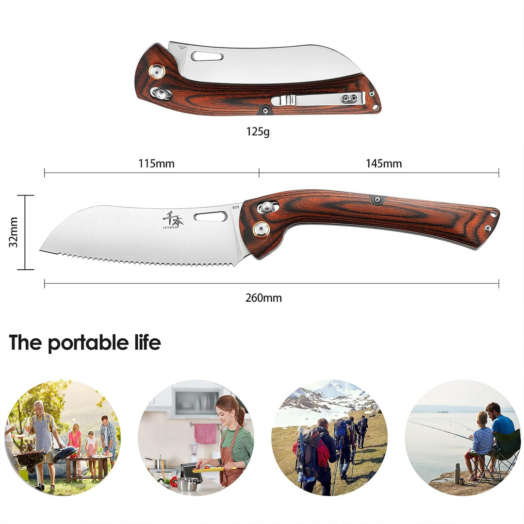 SENBON 440 Sharp Falten Gebäckmesser Bunte Holzgriff Camping Grill Outdoor Back Clip Tragbares Brot
