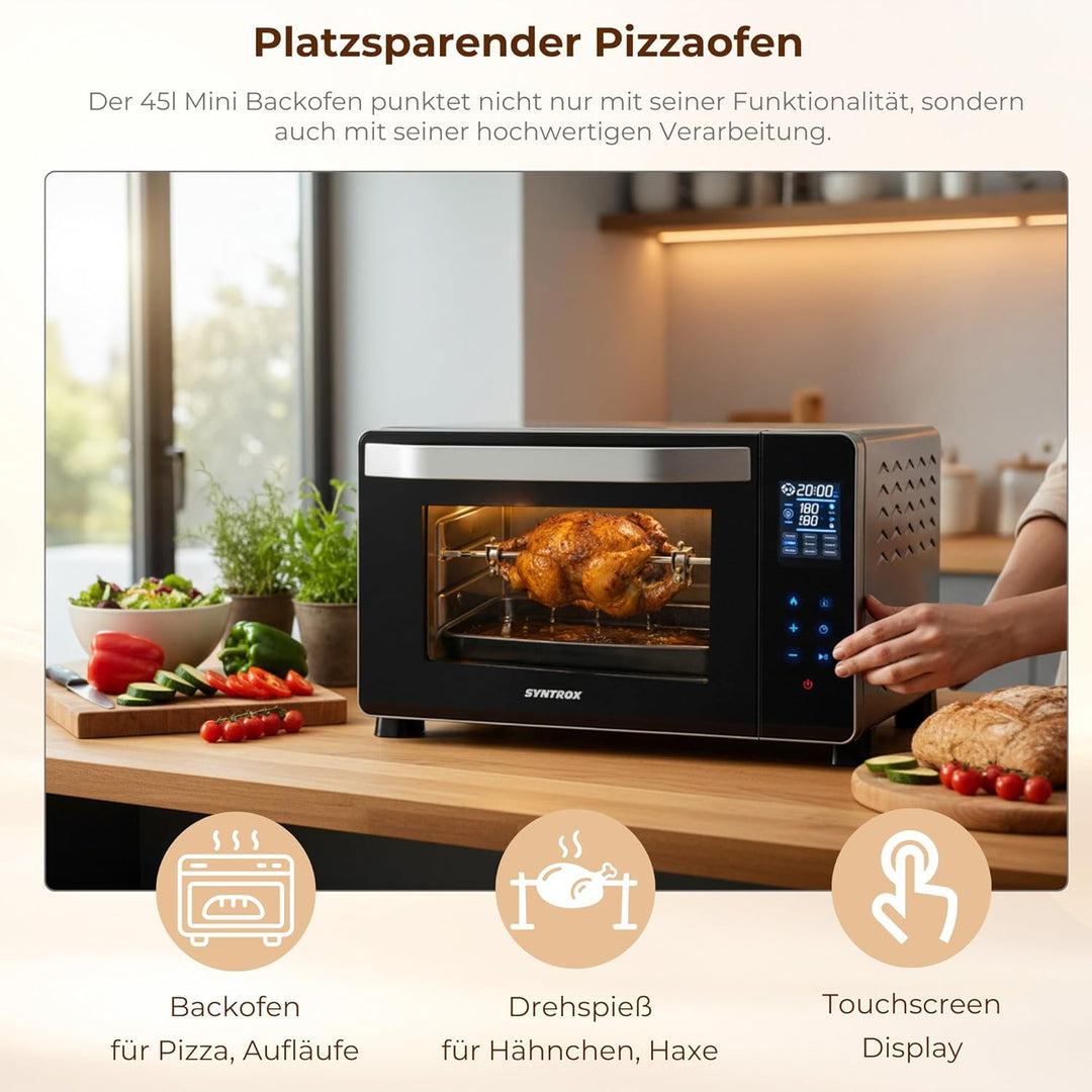 Syntrox Germany 45 Liter Digitaler Edelstahl Mini Stand Backofen mit Umluft und Drehspiess Miniofen